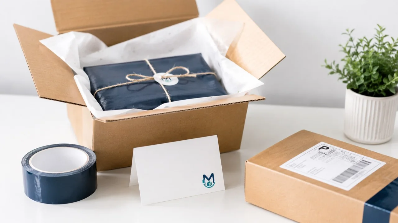 Carefully prepared package with tissue paper, thank-you card, shipping label, and packing tape