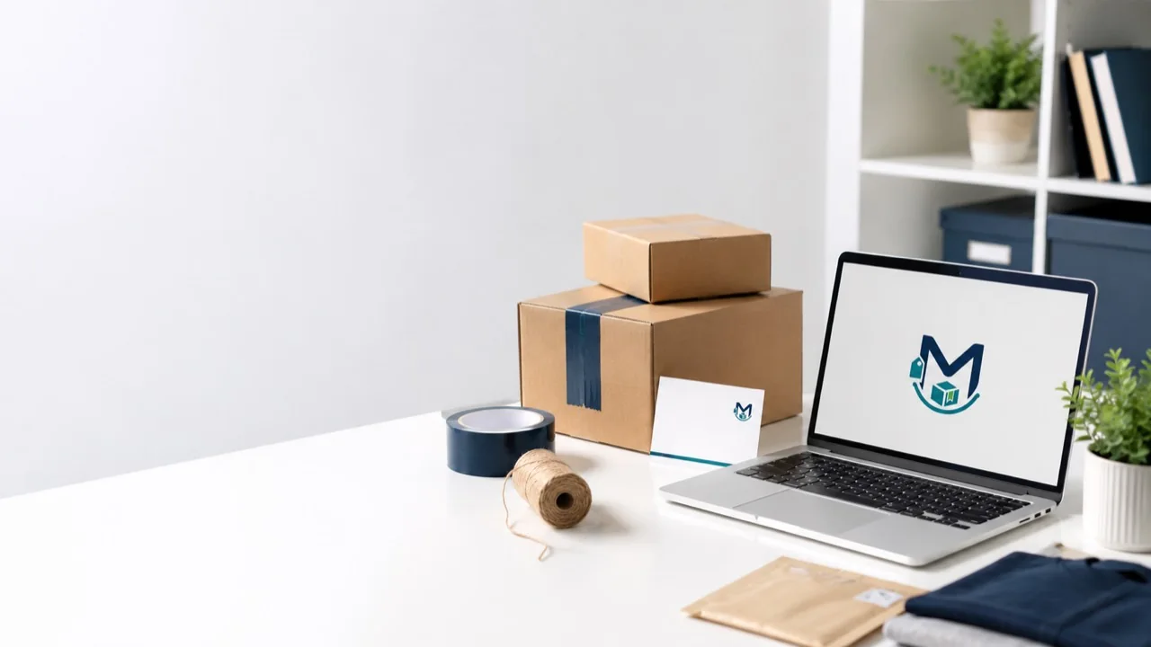 Clean online retail workspace with a laptop, organized packages, packing tape, and business card