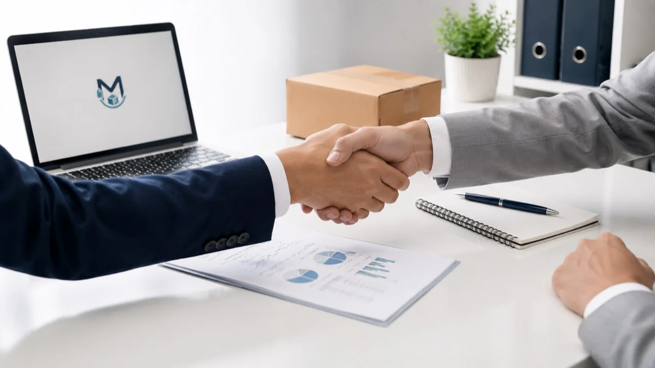Professional business meeting with a handshake, laptop, documents, notebook, and package